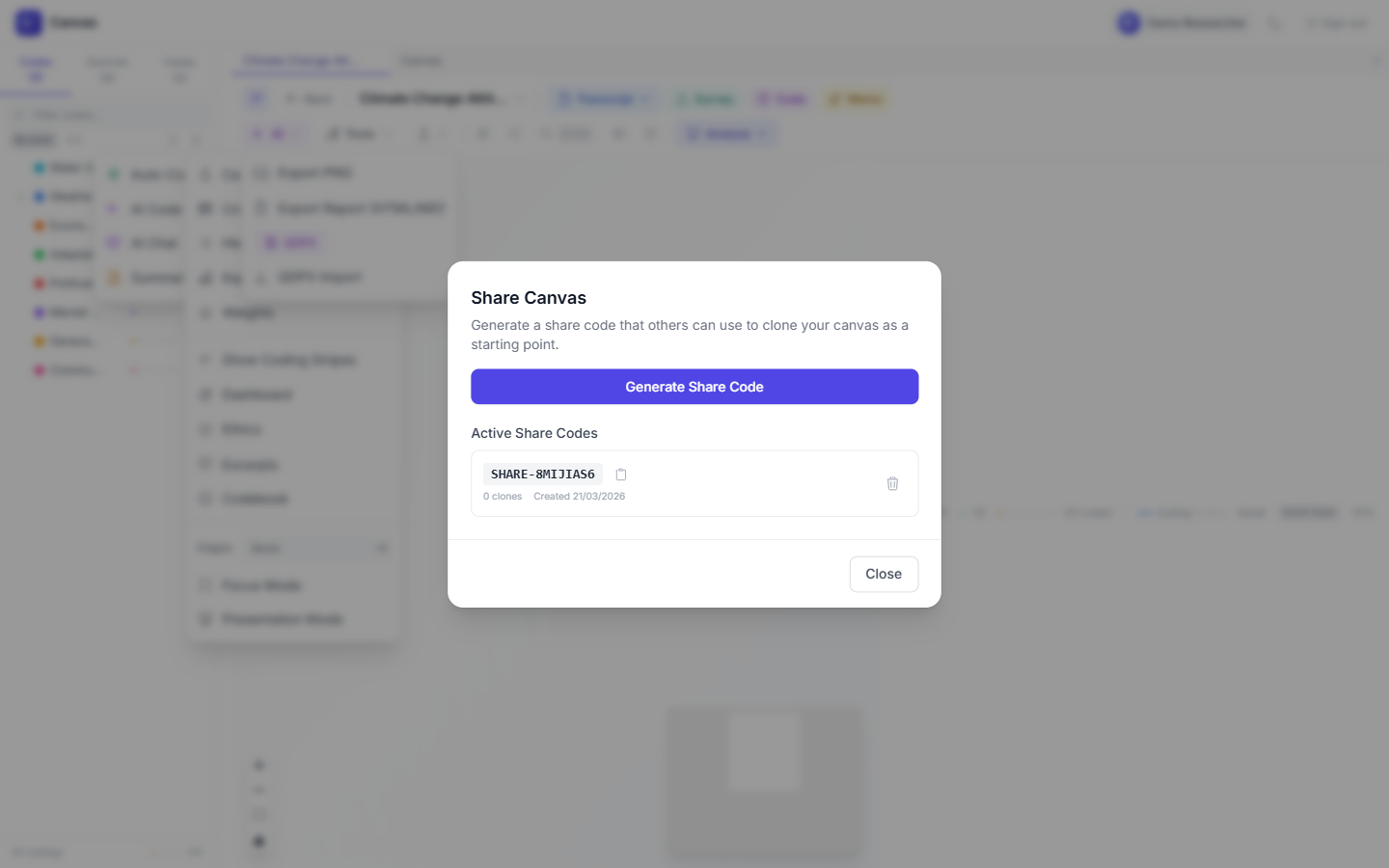 Share canvas modal
